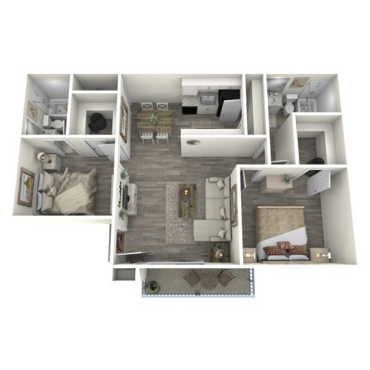a 3d rendering of a two bedroom apartment at The Orbit Apartments