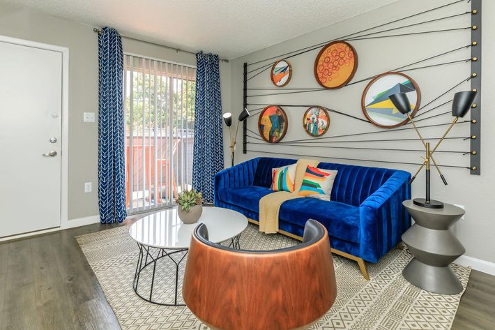 the living room has blue couches and a blue rug at The Orbit Apartments